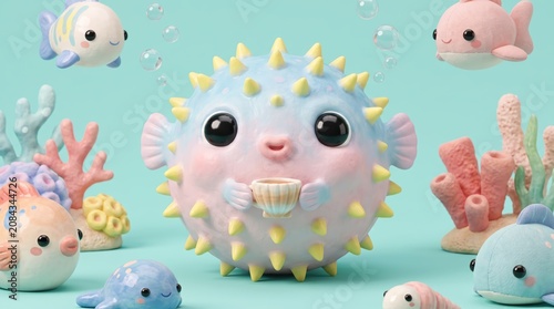 Pastel pufferfish toy figurine holding teacup among coral reef characters on mint background with bubbles, playful whimsical childlike scene in studio setting