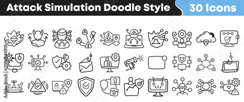 Obraz na płótnie Set of black and white cyber attack simulation doodle icons