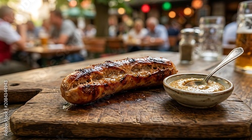 Grilled sausage with mustard on a rustic board in a beer garden