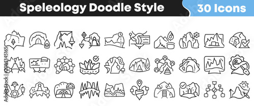 Foto Set of thirty hand drawn cave exploration icons in doodle style