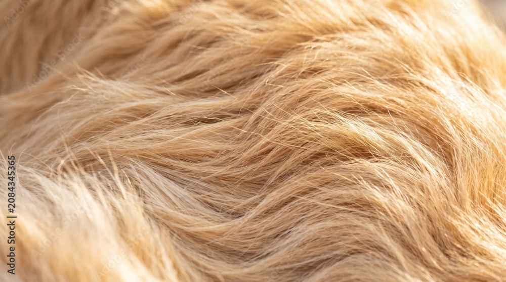 Fototapeta premium Close up of golden animal fur showing soft wavy texture and warm tones, detailed macro of hair strands and natural coat pattern