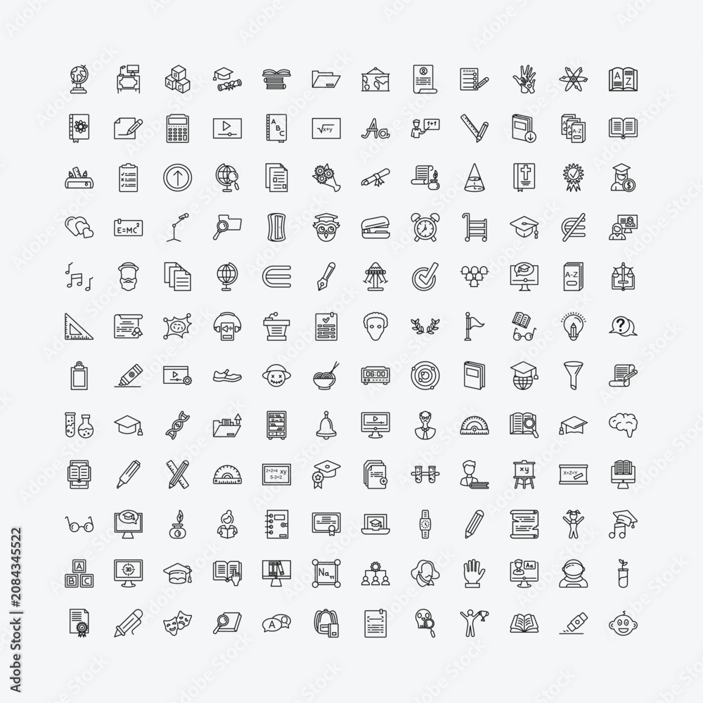 Fototapeta premium outline education icons set - school globe, atom, school material, school cart. editable vector for web and mobile ui