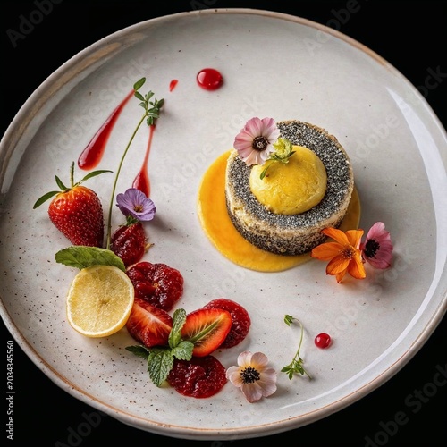 Obraz na płótnie An elegant gourmet dessert beautifully plated with fresh berries, citrus, and ar