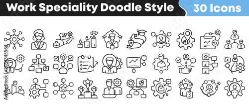 Foto Set of thirty hand drawn professional work specialty doodle icons