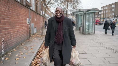 Happy Older Man Carrying Groceries in Urban Setting