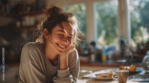 Smiling Woman with Curly Hair in Cozy Kitchen Close Up