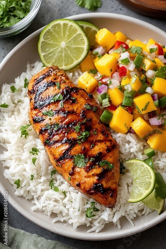 Grilled chicken with mango salsa and rice bowl