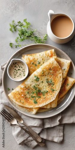 Crispy dosa pancakes with herb sauce and tea on rustic table