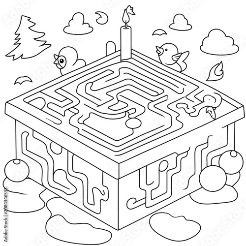  Holiday maze vector sheet.  Maze Coloring Book for Cake with Candle for Children 3-7 Years Old, 