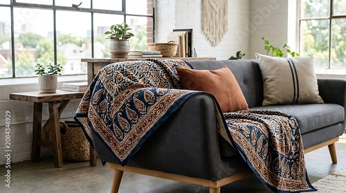 Cozy modern living room with gray sofa and patterned throw blanket