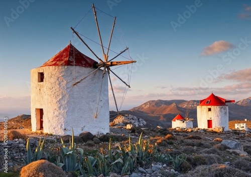 Fotografía A classic white windmill overlooking the sparkling Aegean Sea under a colorful sunset sky