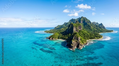 Aerial view of a lush tropical island in a turquoise ocean