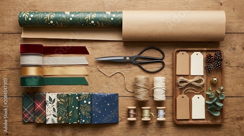 Holiday gift wrapping supplies and accessories on a wooden table