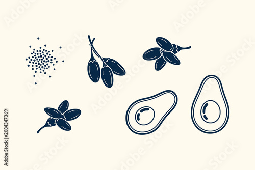 Cuadro en lienzo Superfood ingredients collection with avocado halves, goji berries on branch and
