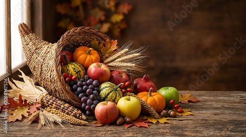 Harvest cornucopia with autumn fruits and vegetables on wooden table