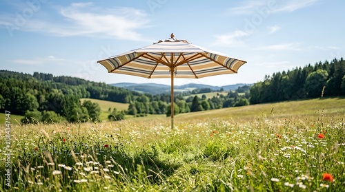 Striped patio umbrella in a lush wildflower field with rolling hills
