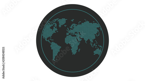 A circular emblem featuring a stylized teal world map on a dark background, representing global connectivity and reach.