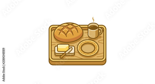 A cartoon illustration of a breakfast tray with bread, butter, an empty plate, and a hot beverage mug.