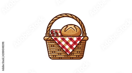 Bild auf Leinwand A charming cartoon illustration of a traditional picnic basket filled with a fresh loaf of bread and a red checkered blanket, ready for an outdoor meal