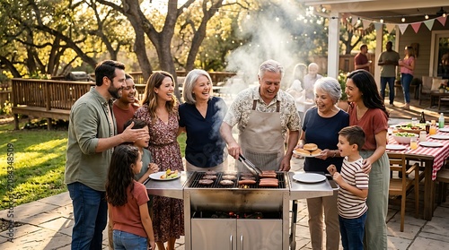 Happy multi generational family enjoying a backyard barbecue party