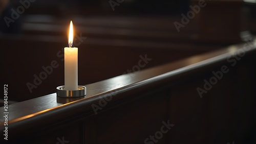 A single white candle burning on a dark wooden church pew.