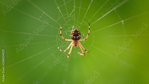 Spider meticulously repairing its web against a soft-focus green background.