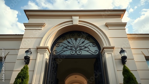 Grand arched doorway with intricate iron details, showcasing neoclassical elegance under a clear midday sky.