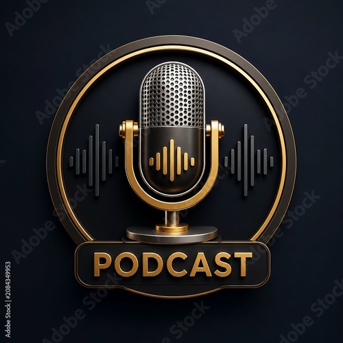 3D Podcast Microphone Logo with Golden Metallic Sound Wave Icon on Black Background