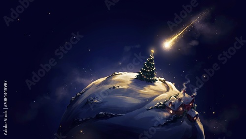 A magical illustration for a New Year's greeting. A small miniature world floating in space, featuring a Christmas tree, a gentle snowy landscape and warm lights. A photo with a place for the text.