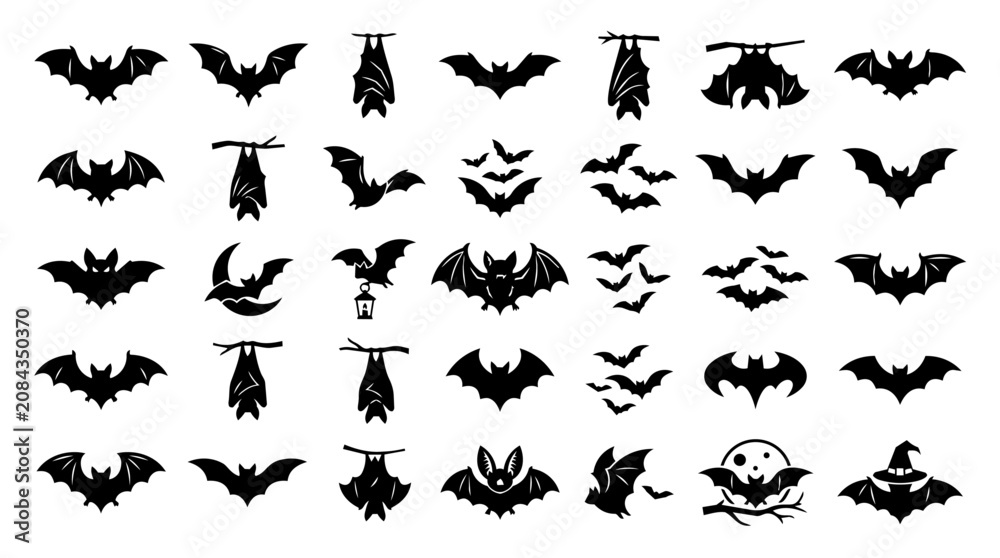 Fototapeta premium Halloween bat silhouettes collection flying hanging spooky icons