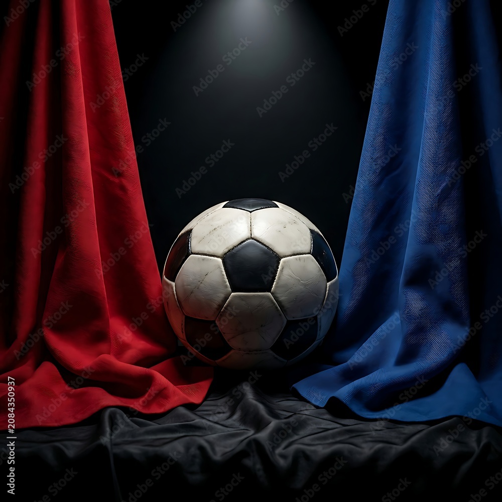 Naklejka premium soccer ball between red and blue curtains spotlight