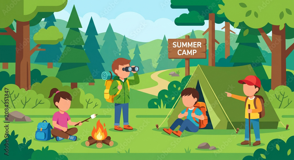 Naklejka premium Summer camp, kids adventure, outdoor fun, camping vector, illustration