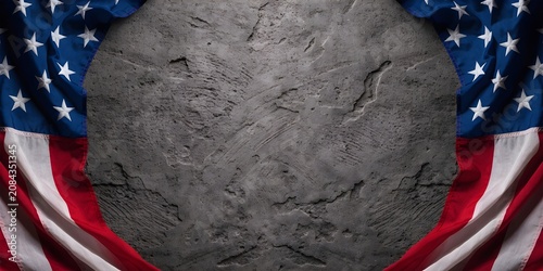 American flag on dark concrete with free space.