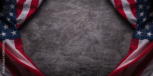 American flag on dark concrete with free space.