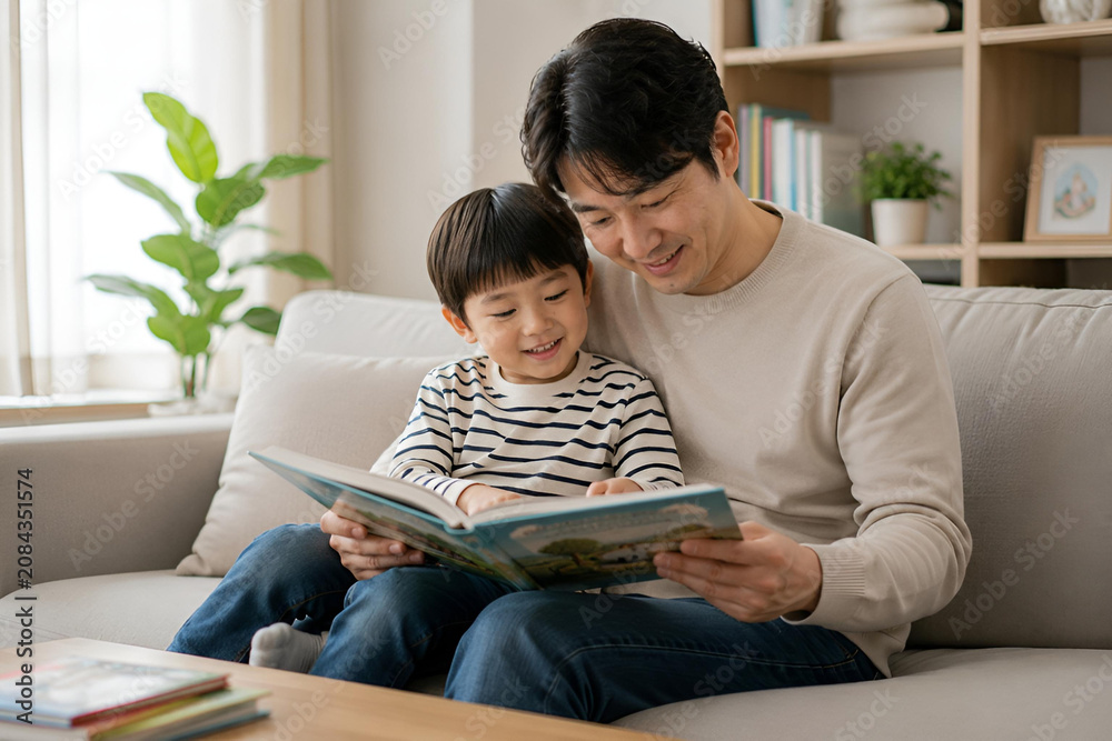 Fototapeta premium 아빠와 함께 책 읽기 (Father Reading with Child)