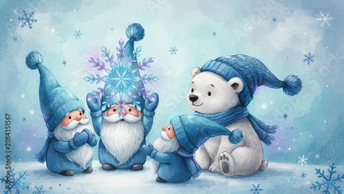 Three fabulous dwarfs in blue hats and scarves. Next to it is a white bear cub in a knitted hat and scarf. The dwarf in the center holds a large snowflake above his head. Festive winter illustration.