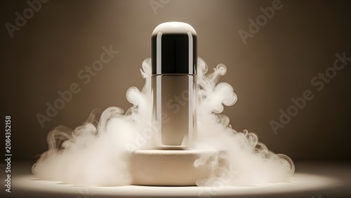 Cosmetic bottle on stone pedestal surrounded by swirling white smoke with cosmetic