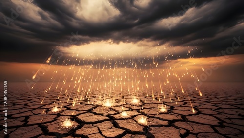 Rain falling on dry cracked desert ground under dark stormy clouds with environment