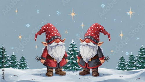 Festive New Year's Eve illustration with two fabulous dwarfs in a winter forest. A photo with a place for the text.