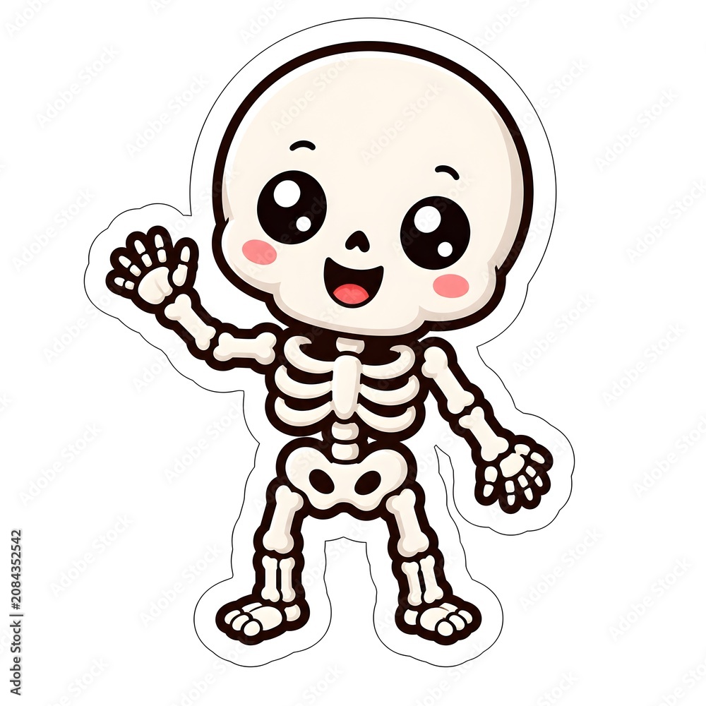 Obraz premium Cute Kawaii Skeleton Halloween Sticker Cartoon Character Isolated on White Background
