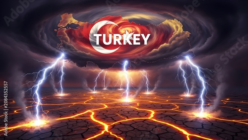 Conceptual illustration of turkey country map crumbling under storm lightning