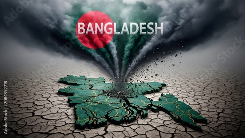 Conceptual representation of bangladesh country map crumbling with dark storm clouds