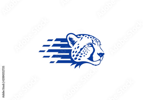 Stylized cheetah head emblem in blue on white background