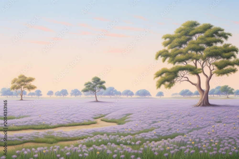 Fototapeta premium Painting of viola field landscape grassland lavender.