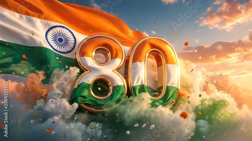 80th Independence Day India with Golden 3D Number and Waving National Flag