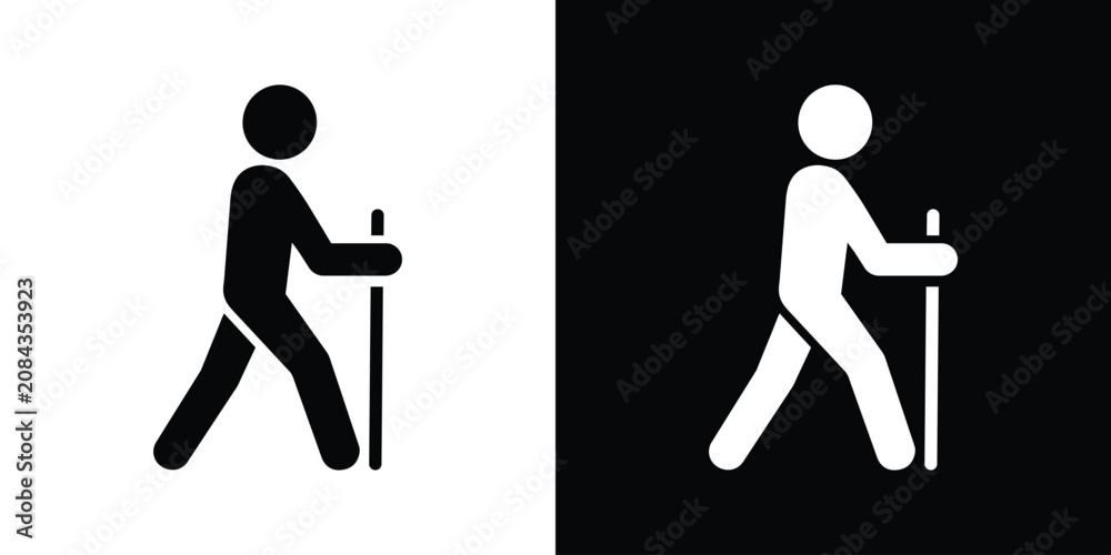 Obraz premium Hiking and trekking stick man icon set. Black and white vector symbol representing outdoor adventure, Nordic walking, fitness, and active lifestyle.