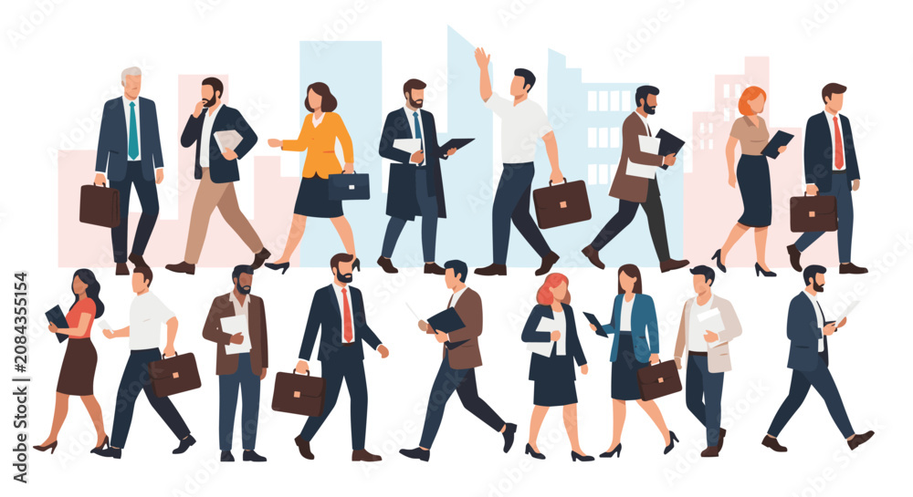Obraz premium Large group of diverse professional business men and women walking with briefcases and documents in a city street.