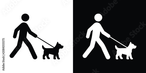 Minimalist man walking dog on a leash icon set. Black and white vector pictogram representing pet care, daily dog walking, and domestic animals.