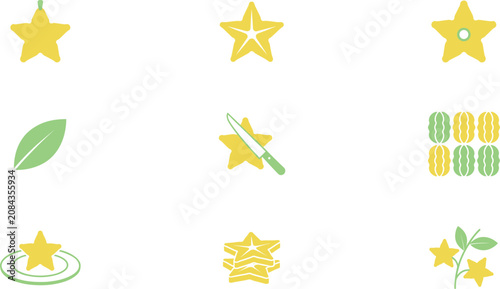 Canvastavla PrintFresh Starfruit Carambola Flat Icon Set Featuring Whole Fruit Star Shaped S