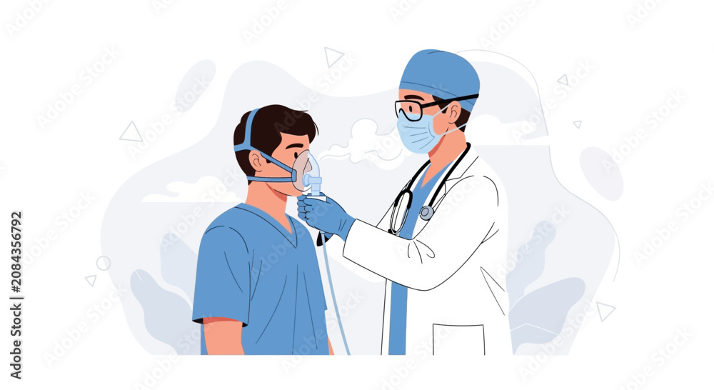 Fototapeta premium Doctor administering oxygen therapy to patient with inhaler mask, modern vector illustration of healthcare and medical treatment.